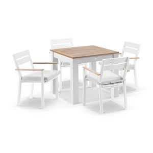 Balmoral 4 Seater Square Teak Top Aluminium Dining Table White With Capri Chairs & Olefin Grey Cushions
