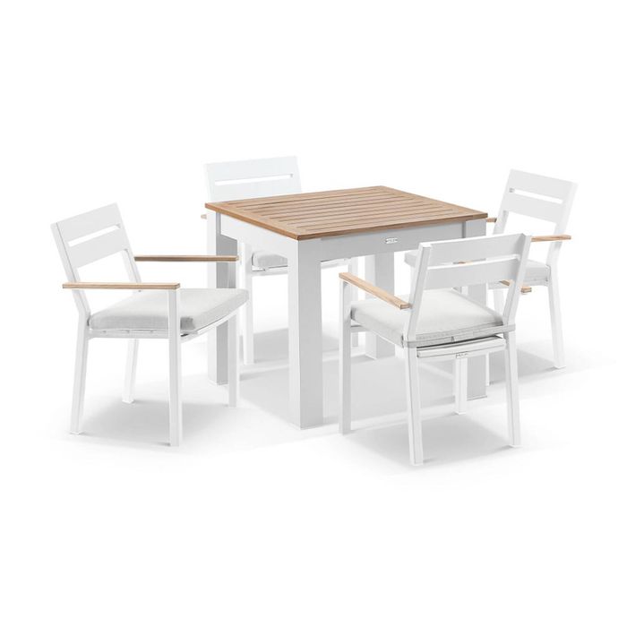 Balmoral 4 Seater Square Teak Top Aluminium Dining Table White With Capri Chairs & Olefin Grey Cushions