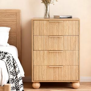 Homfurn 4-drawer Chest – Fluted Wave Front, Ball-shaped Legs, Minimalist Design For Bedroom & Living Room, Natural Wood Colour