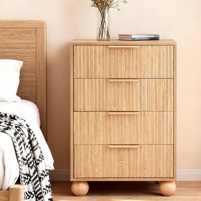 Homfurn 4-drawer Chest – Fluted Wave Front, Ball-shaped Legs, Minimalist Design For Bedroom & Living Room, Natural Wood Colour