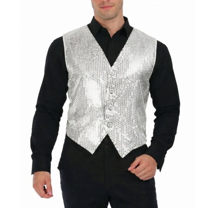 S Sequin Vest Waistcoat Disco Sparkle Costume Dance Party One Size Silver