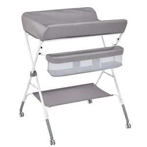 Ufurniture 4-in-1 Baby Changing Table Adjustable Infant Diaper Station Storage Basket 4 Lockable Wheels Grey