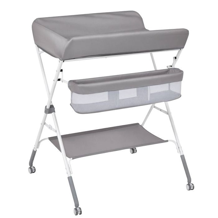 Ufurniture 4-in-1 Baby Changing Table Adjustable Infant Diaper Station Storage Basket 4 Lockable Wheels Grey