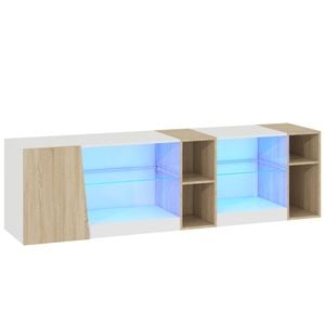 Ufurniture LED TV Stand with Lighted Glass Shelves Entertainment Center with Cabinet & Hidden Cable Management White+Oak
