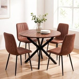 BRIBRION 100-140cm Extendable Dining Table and Chair Sets 5pcs Leather Brown 4-6 Seaters