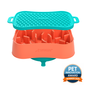 Super Feedy Versatile Small 4 In 1 Slow Feeder System - Salmon Bowl/ Teal Reversible Lick Mat