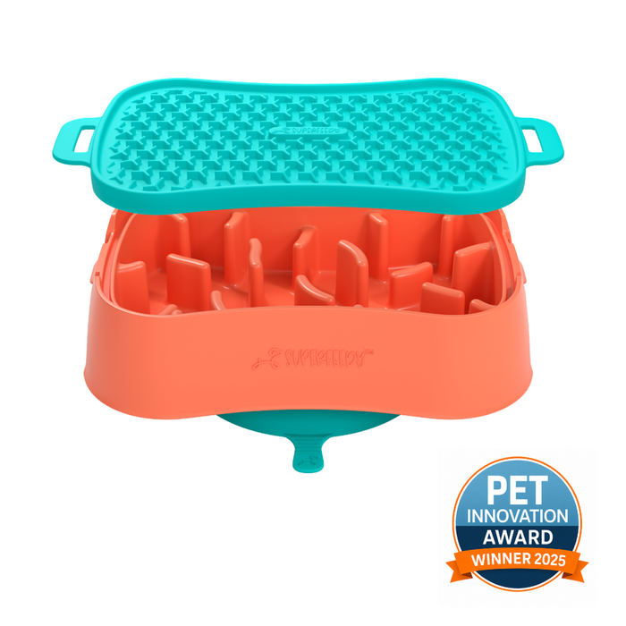 Super Feedy Versatile Small 4 In 1 Slow Feeder System - Salmon Bowl/ Teal Reversible Lick Mat