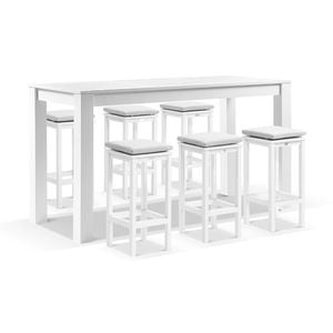 Santorini Outdoor 2m Bar Table White With 6 Avoca Stools & Textured Olefin Grey Cushions