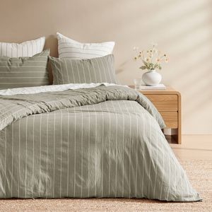 Dreamaker Rumi Washed Cotton Reversible Quilt Cover Set Olive with White Stripe King Single Bed