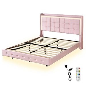 Levede Pink Floating Velvet Bed Frame with LED and Charging Station - Double