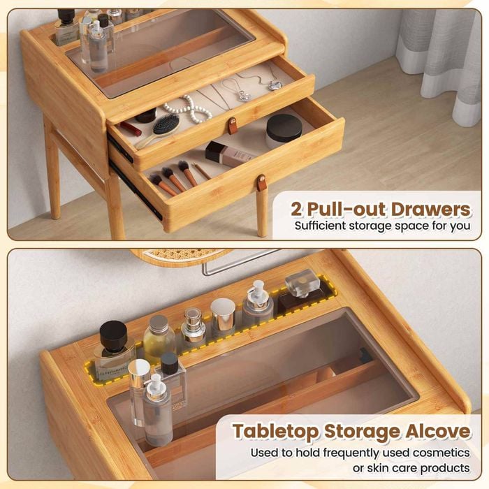 Costway Bamboo Vanity Table Adjustable Mirror Makeup Table Dressing Table Tempered Glass Tabletop w/2 Drawers