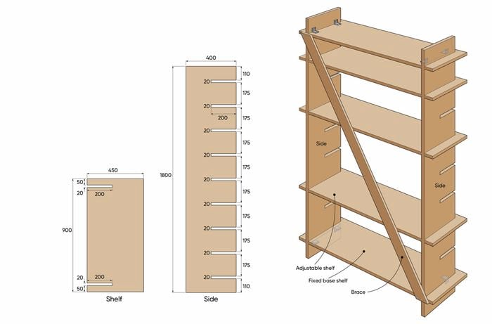  A technical diagram displaying the components, measurements, labels and assembly of a wooden shelving unit.