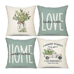 Catzon 4 Pcs Leaves Pillow Covers Linen Farmhouse Sweet Home Decorations-Green