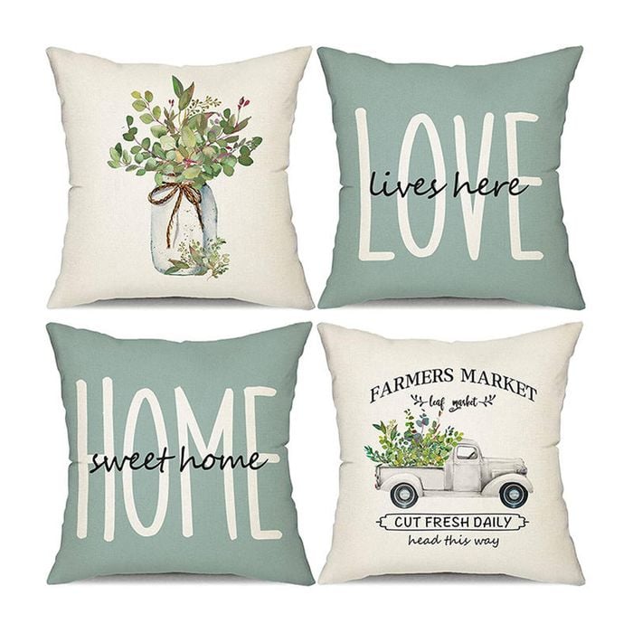 Catzon 4 Pcs Leaves Pillow Covers Linen Farmhouse Sweet Home Decorations-Green
