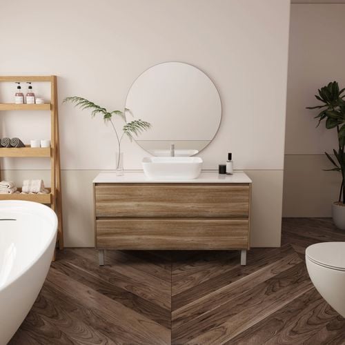 Forme branded basin in timber look in bathroom