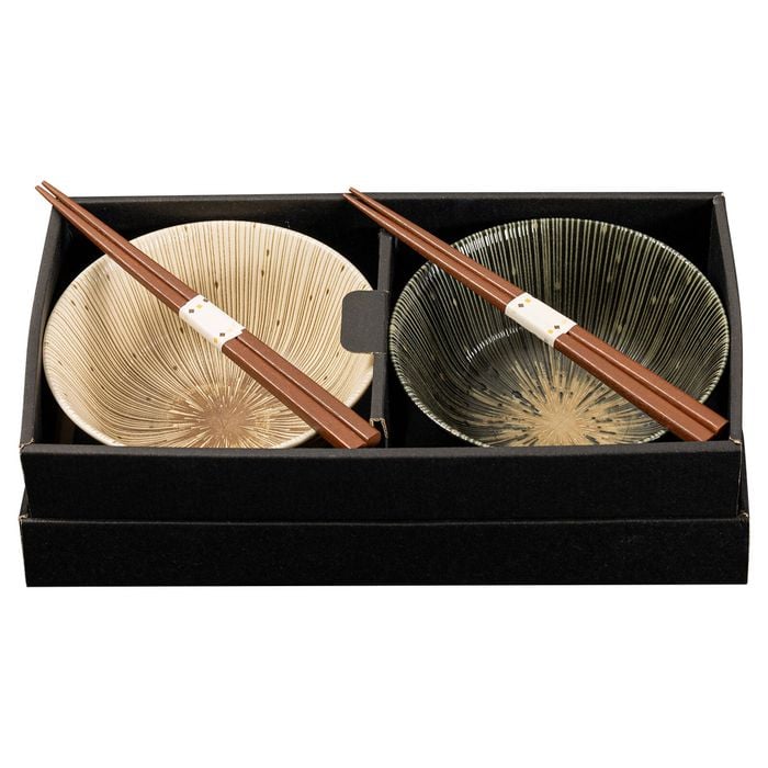 Omotenashi Kyo Sendan Set of 2 Donburi Bowls & Chopsticks - Earthen & Black