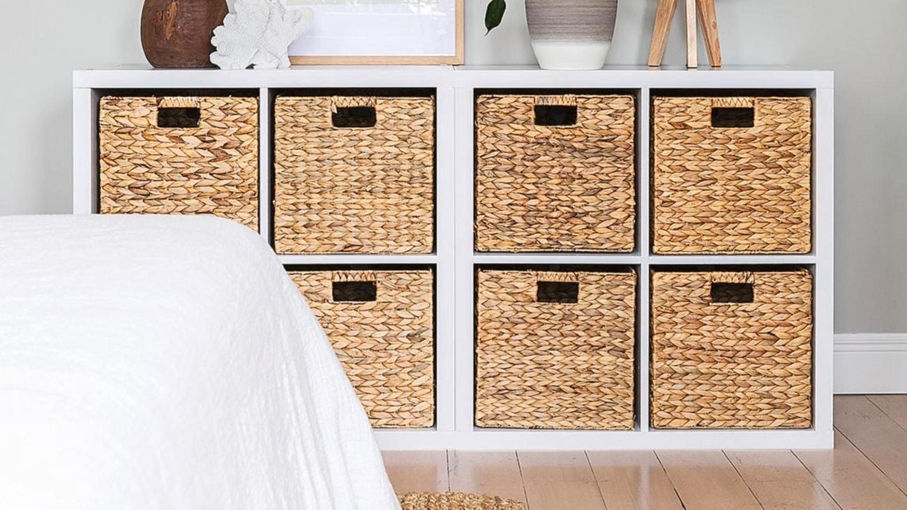 Cube storage unit with woven baskets.