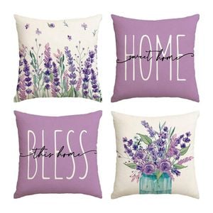 Catzon 4 Pcs Lavender Throw Pillow Covers Linen Summer Cushion Case for Sofa