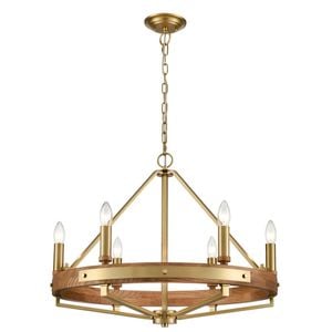 CLA Lighting Funale Interior Candelabra Oak Wood 6-Light Pendant Light Satin Brass