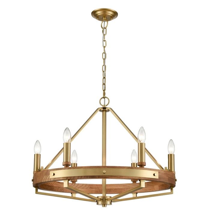 CLA Lighting Funale Interior Candelabra Oak Wood 6-Light Pendant Light Satin Brass