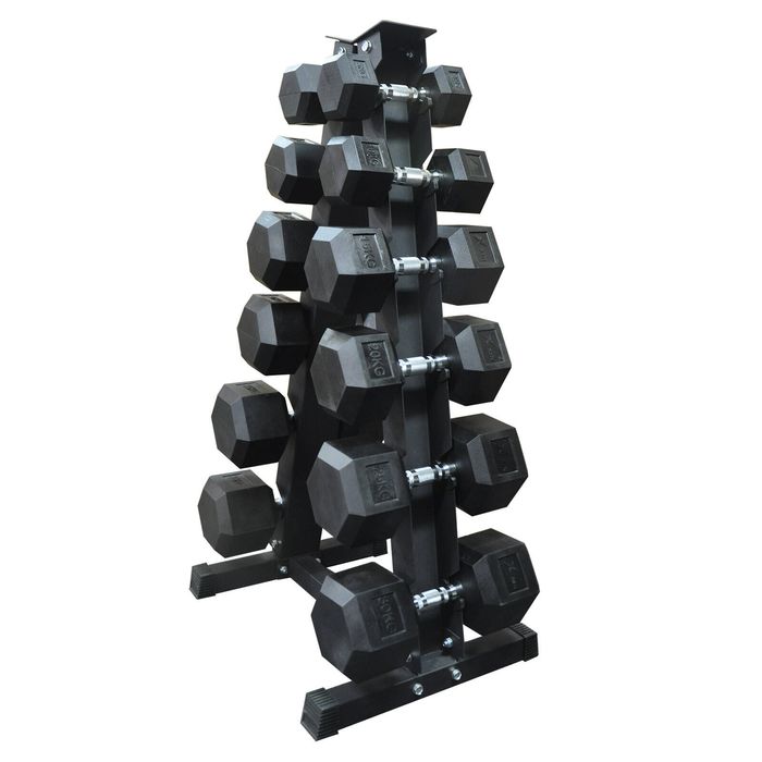 210kg - 6 Pair Hex Rubber Dumbell Weight Set With Large 5_6p Rack
