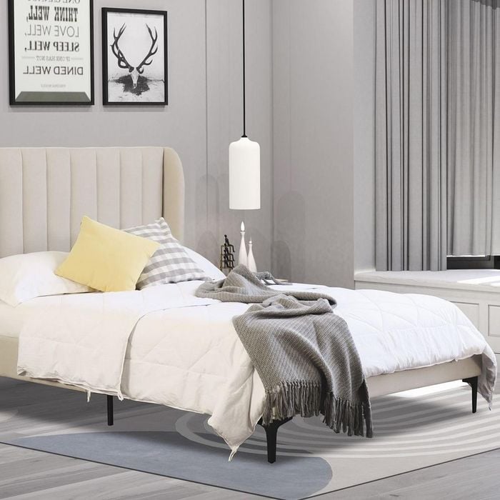 Istyle Modern Classic Herman Queen Fabric Bed Frame White Oak with Black Legs