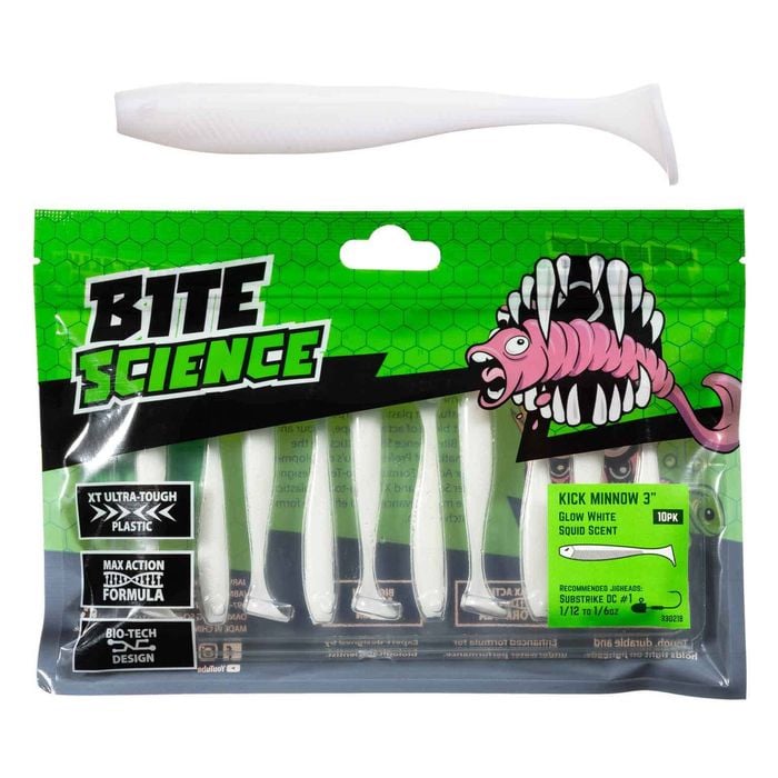 10 Pack of 3 Inch Bite Science Kick Minnow Soft Plastic Lures - Glow White