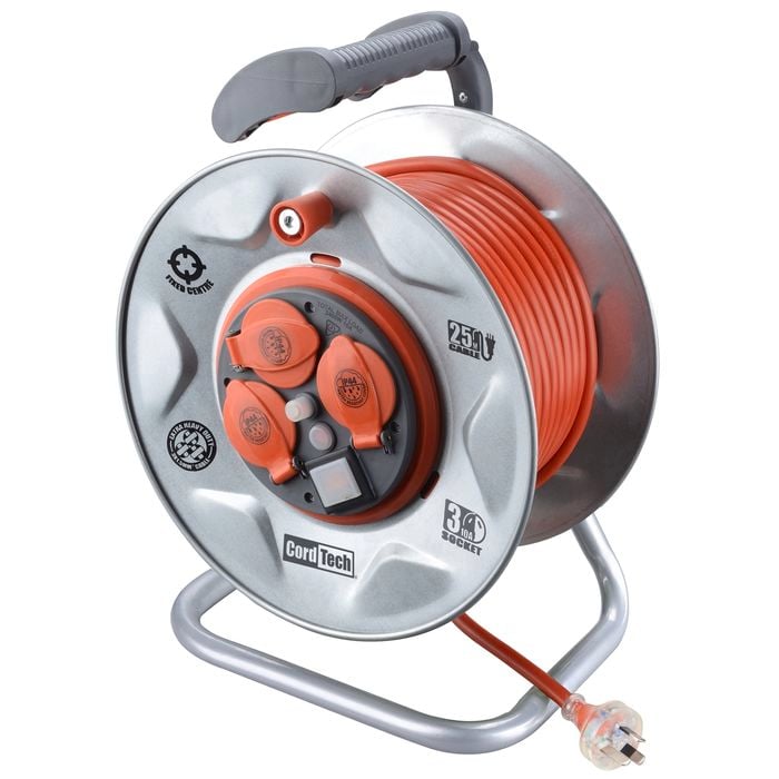 CordTech 25m 3 Socket Heavy Duty Steel Cable Reel