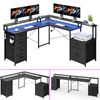 Advwin L Shaped Gaming Desk with LED Lights & Power Outlets Convertible 275cm Long 2 Person Computer Desk Black
