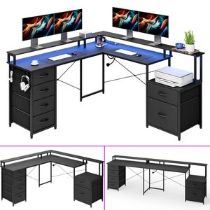 Advwin L Shaped Gaming Desk with LED Lights & Power Outlets Convertible 275cm Long 2 Person Computer Desk Black