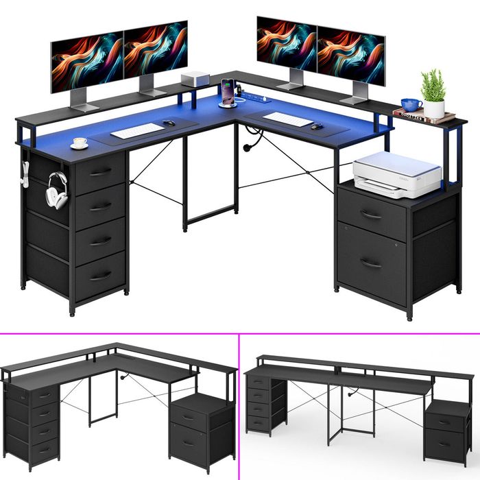 Advwin L Shaped Gaming Desk with LED Lights & Power Outlets Convertible 275cm Long 2 Person Computer Desk Black