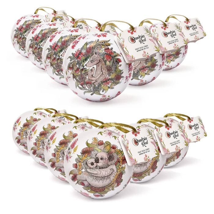 Banksia Red Christmas Koala & Kangaroo Set Of 12 Bauble Tins - Rock Candy 70g