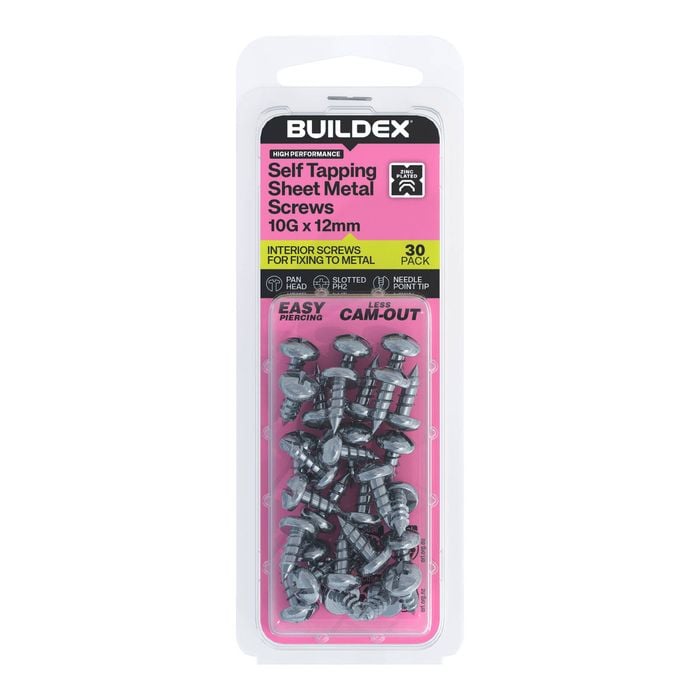 Buildex 10G x 12mm Zinc Plated Self Tapping Sheet Metal Screws - 30 Pack