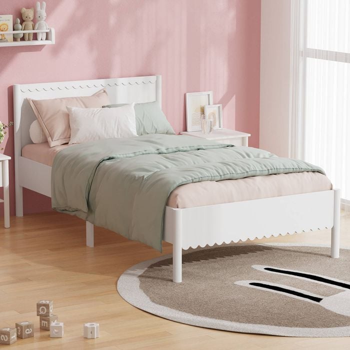 Oikiture Scalloped Bed Wooden Kids Bed Frame King Single White
