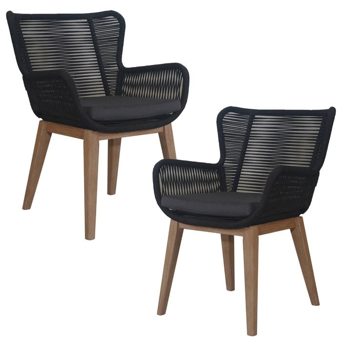 Stud Set of 2 Rope Outdoor Dining Chair with Solid Eucalyptus Timber Wood Frame