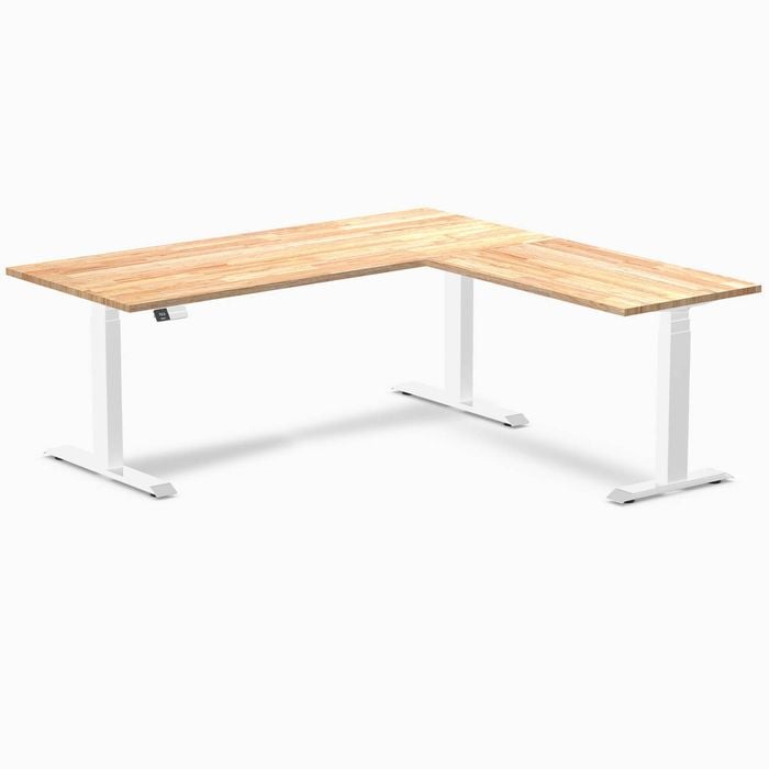 Desky L-Shape Sit to Stand Natural Timber Rubberwood Desk 1800x750x1750x600mm White Leg