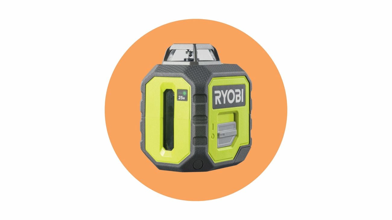 A lime green and grey Ryobi laser level.