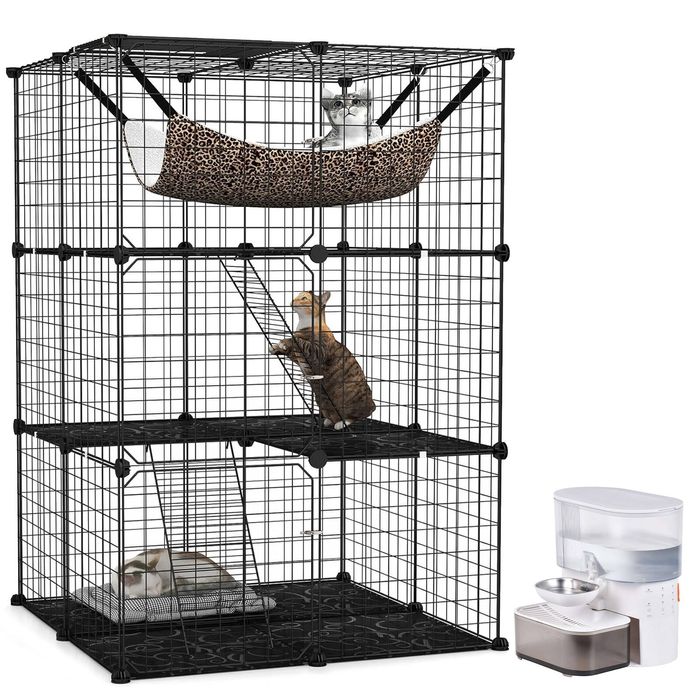 Advwin Cat Cage 3 Tier DIY Cat Enclosure + Automatic Cat Water Fountain 3L Wastewater Separation