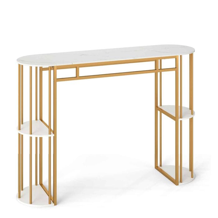 Costway 150cm Bar Table Pub Height Faux Marble Shelves Modern White