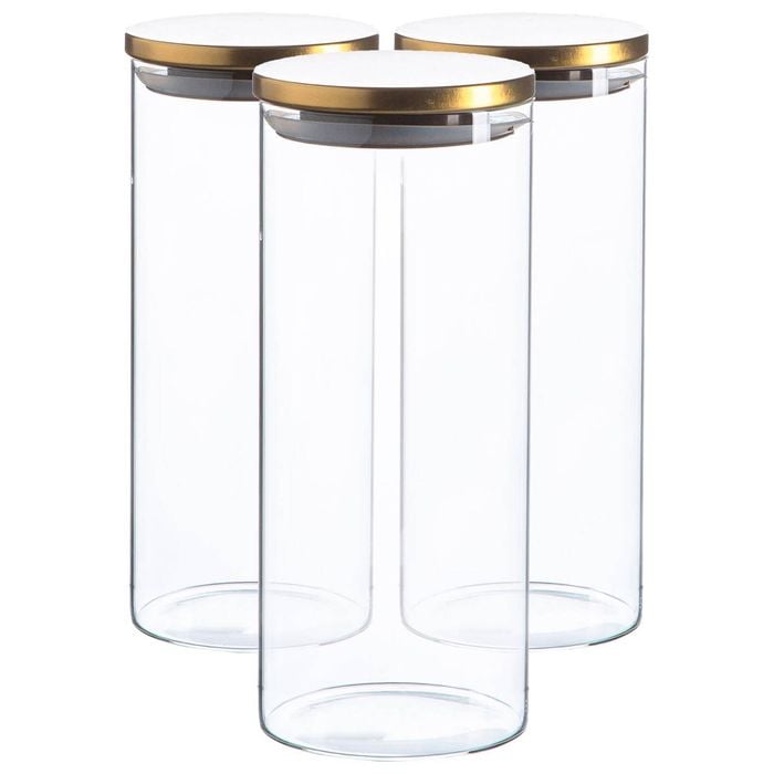 Argon Tableware Glass Storage Jar - Gold Lid - 1.5 Litre - 3x Modern Round Scandi Organisation Container Glass Jar