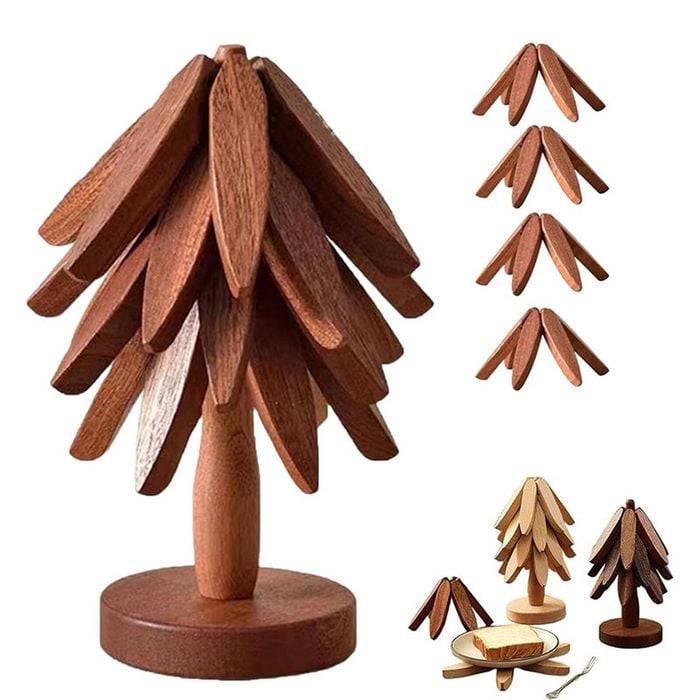 Catzon Wooden Tree Trivet Set Stackable Hot Pot Coasters-NutBrown4