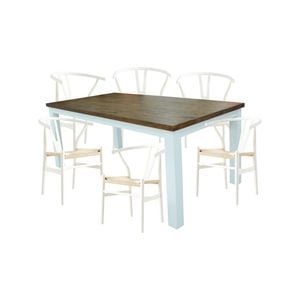 Norah 7pc Dining Set Table 180cm Solid Acacia Wood White Wishbone Chair