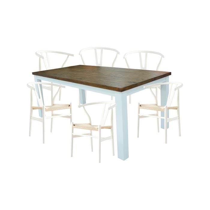 Norah 7pc Dining Set Table 180cm Solid Acacia Wood White Wishbone Chair