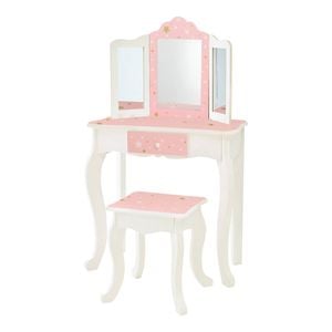 Teamson Kids Pretend Play Vanity Set, Table And Chair Set With Mirror, Girls Makeup Dressing Table With Drawer
