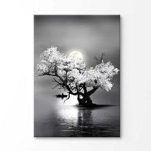 Amazing Night View of Tree on Lake with Full Moon Print 100% Australian Made 180x120cm (Stretched Canvas)
