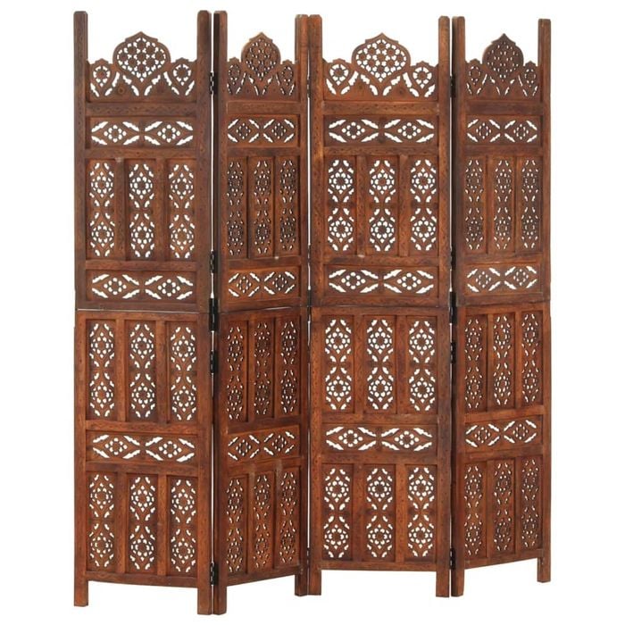 vidaXL Solid Mango Wood Hand carved 4-Panel Room Divider Brown 160cm Screen