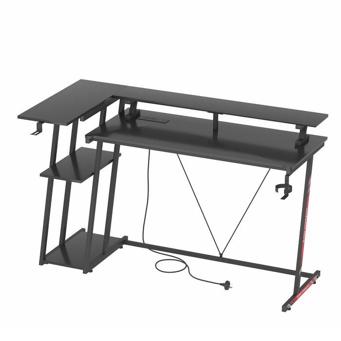 Ufurniture 140cm L-shape Gaming Desk With Rgb Led & Power Outlet Convertible Corner Racing Gamer Table With Monitor Stand