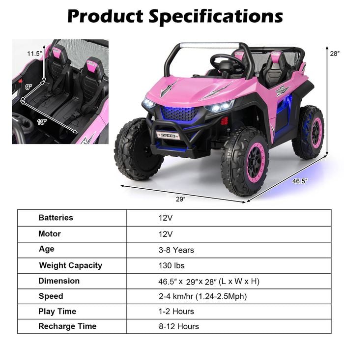 Costway 12V Kids Ride On Car 2-Seater Electric UTV with Remote Control and  Music Pink