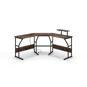 Costway Corner Computer Desk L-shape Study Table W/power Outlet Rustic Brown