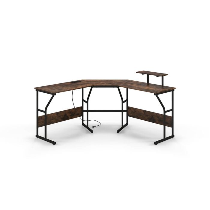 Costway Corner Computer Desk L-shape Study Table W/power Outlet Rustic Brown